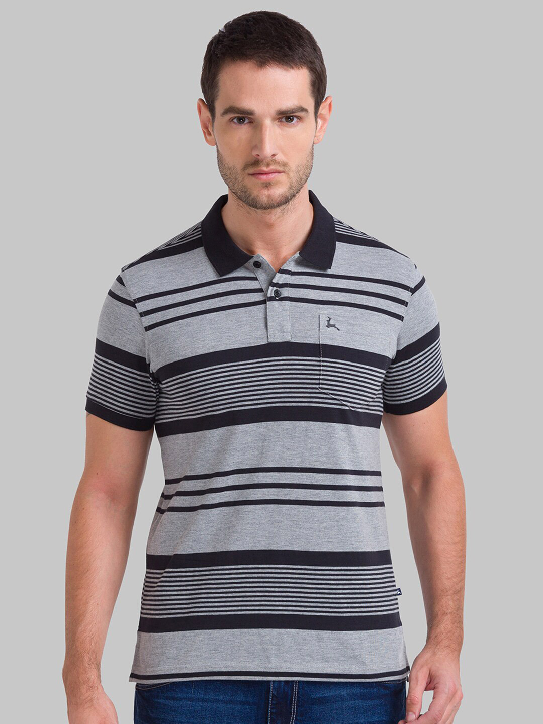 2610213 Grey Striped Polo Collar T-Shirt