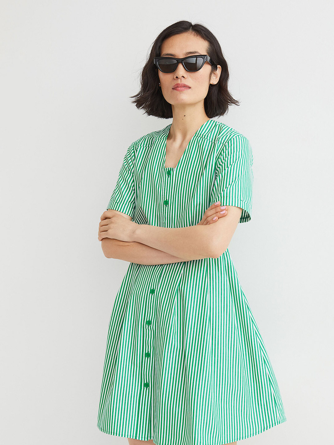 Buy H&M Green Striped Button Front Pure Cotton A Line Dress Dresses