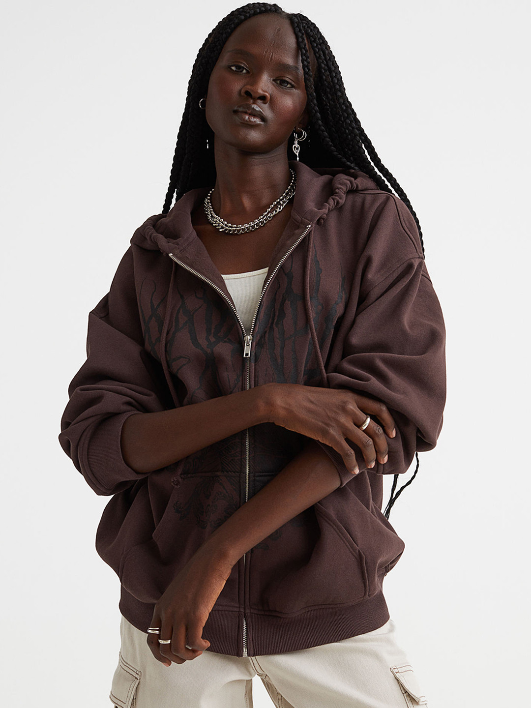 Buy H&M Women Brown Oversized Printed Zip Through Hoodie Sweatshirts