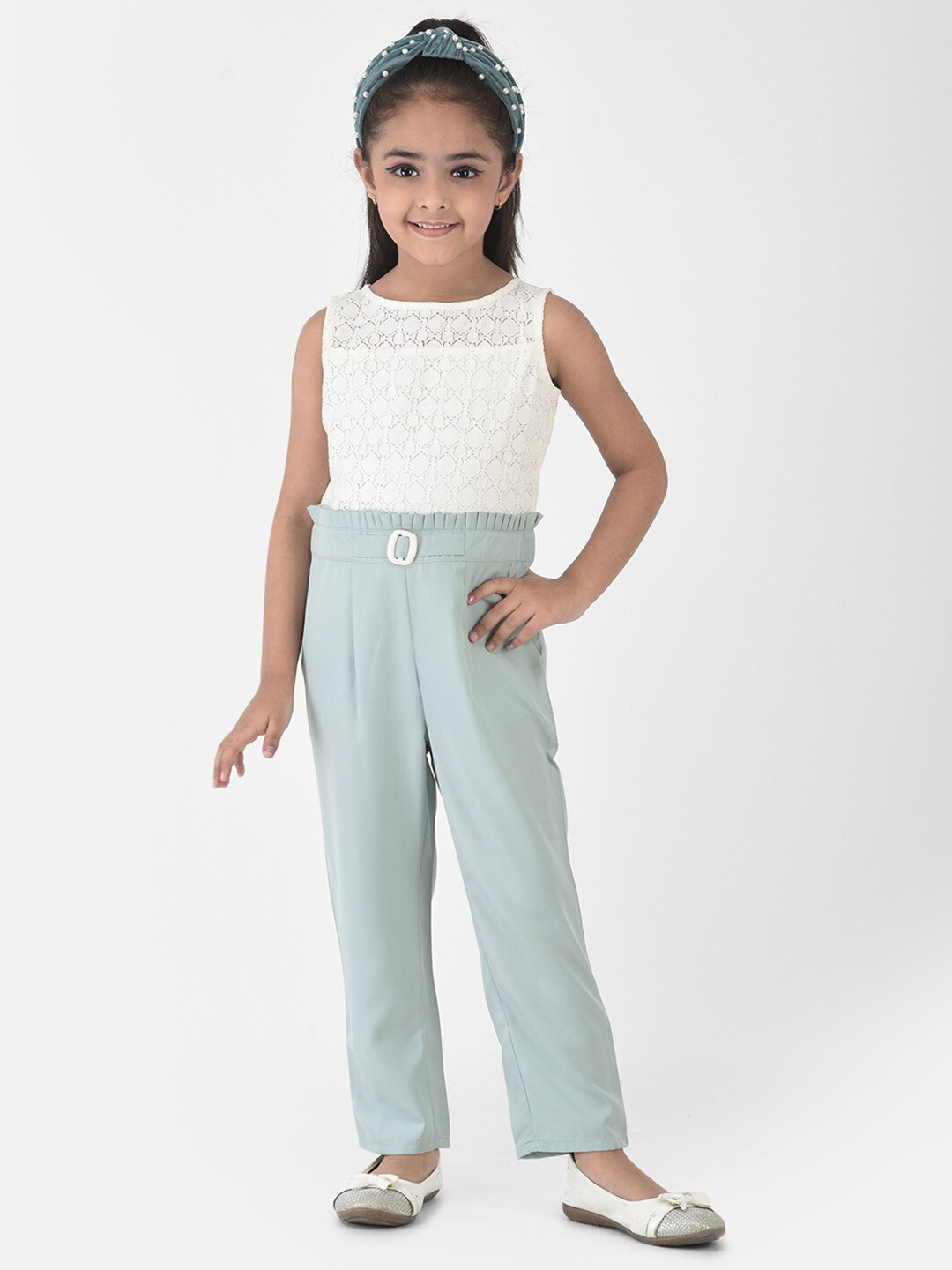 Buy Eavan Girls White & Blue Basic Jumpsuit Jumpsuit for Girls