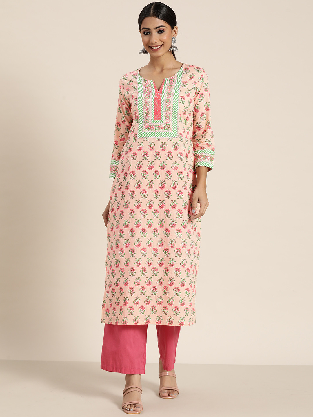 Buy Rain & Rainbow Women Peach Coloured Floral Printed Kurta Kurtas