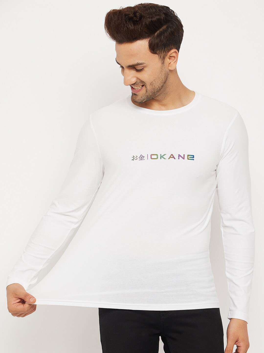 Buy Okane Men White Typography Cotton Elastane Round Neck T Shirt