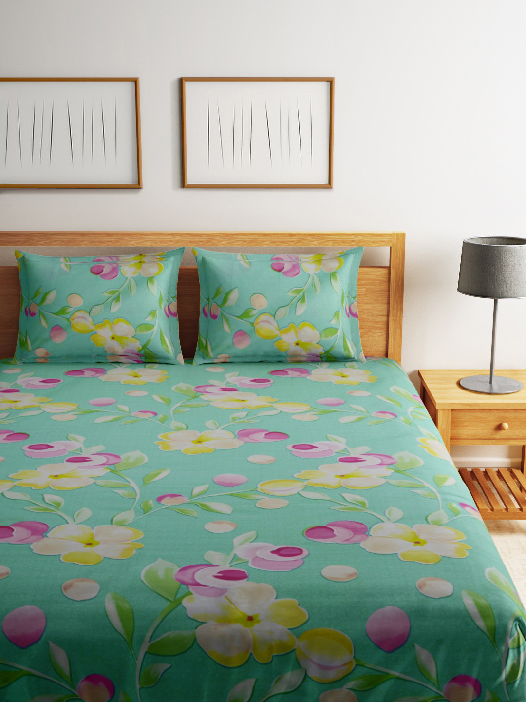 Buy Raymond Home Green Cotton 120 TC Fine Double Bedsheet With 2 Pillow