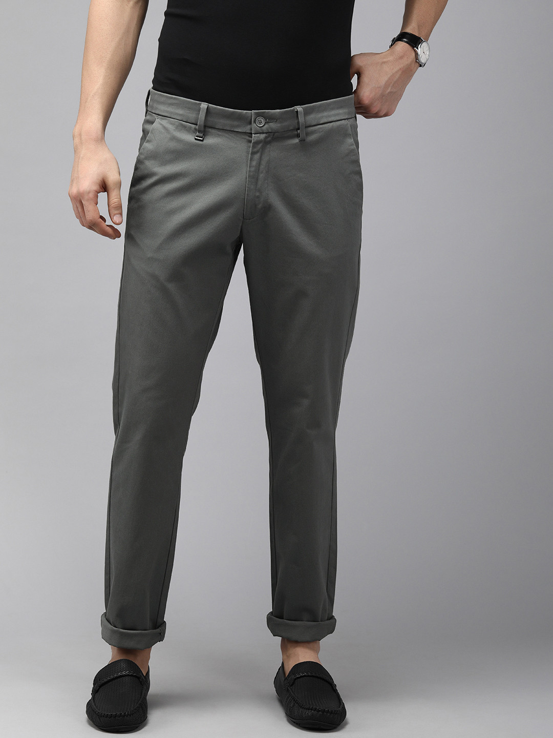 Buy Van Heusen Men Grey Solid Mid Rise Slim Fit Regular Trousers ...