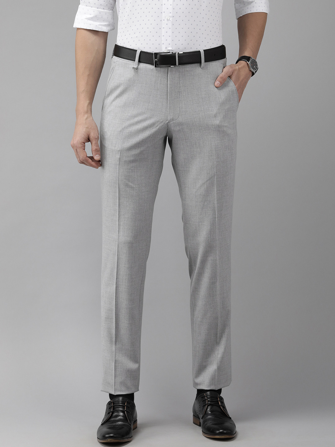 Buy Van Heusen Men Grey Textured Mid Rise Slim Fit Formal Trousers ...