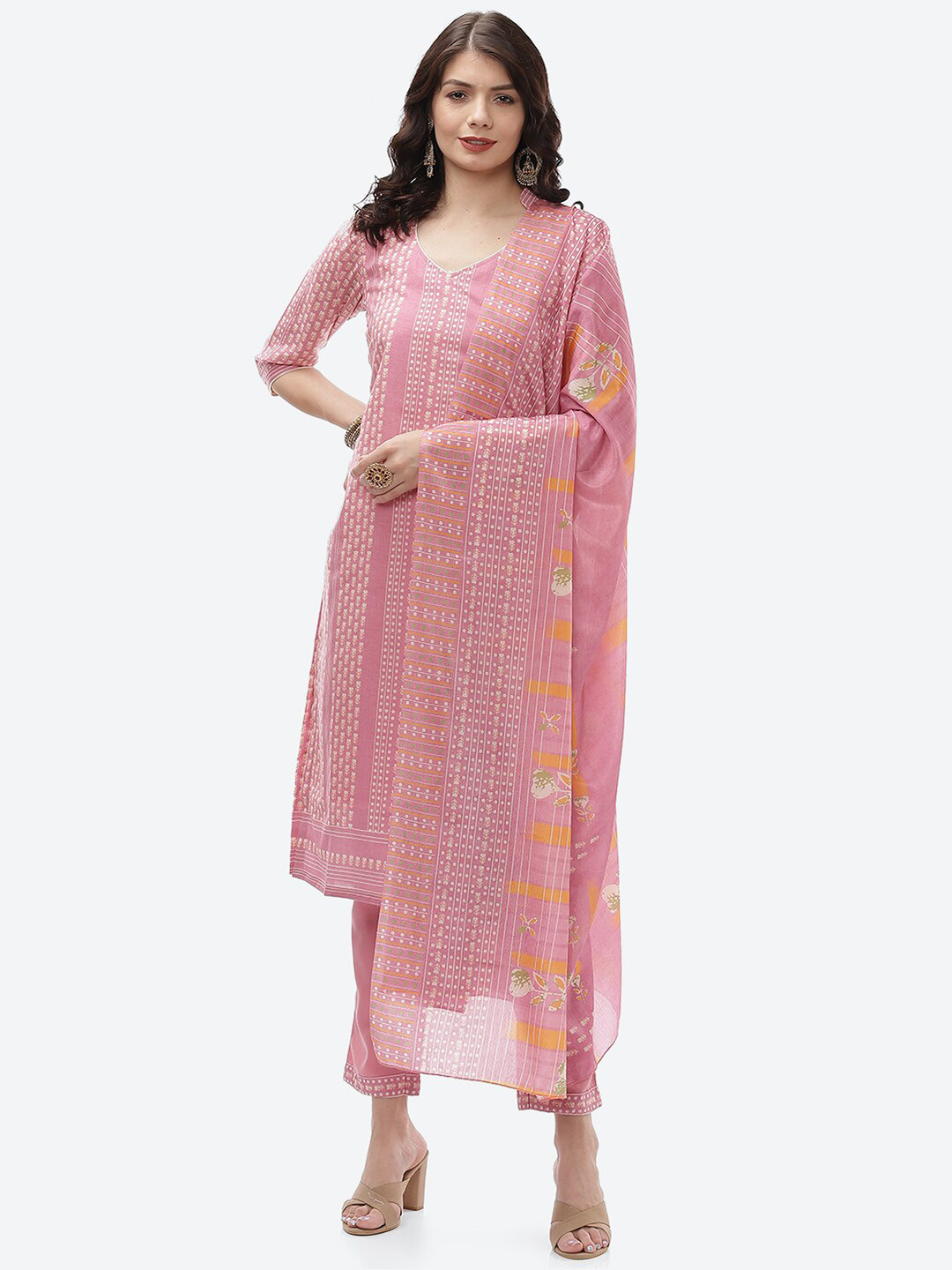 Buy Biba Pink & White Unstitched Dress Material Dress Material for