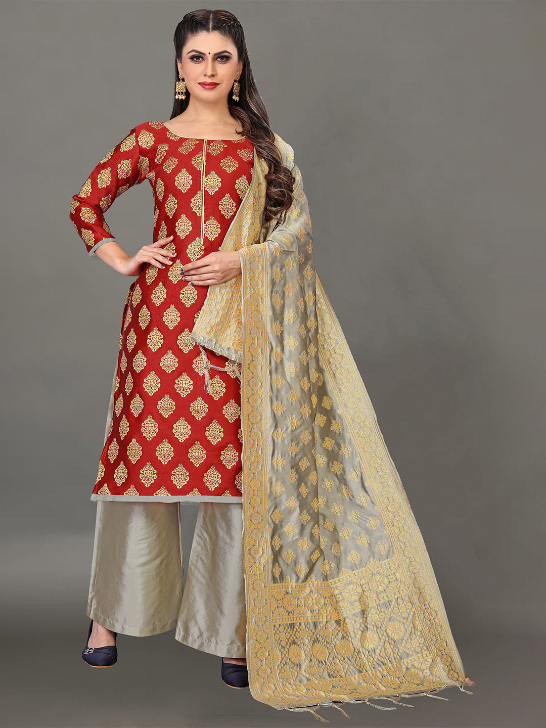 Buy Ekta Textiles Maroon & Cream Coloured Unstitched Dress Material