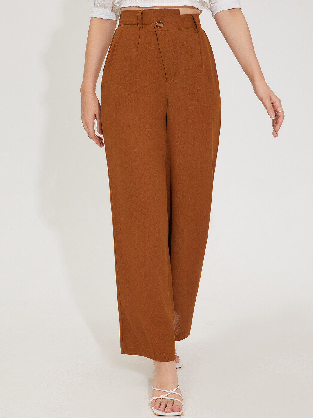 Buy URBANIC Women Coffee Brown Solid Loose Fit High Rise Wide Leg