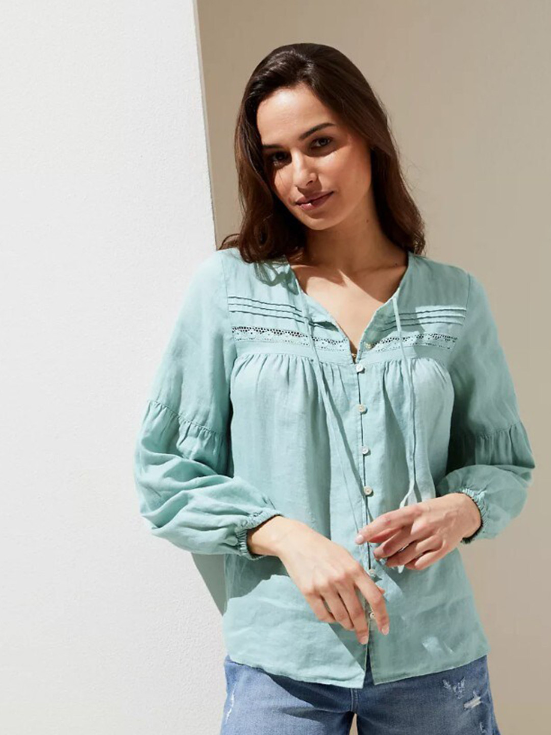 Buy Marks & Spencer Green Solid Linen Regular Top Tops for Women