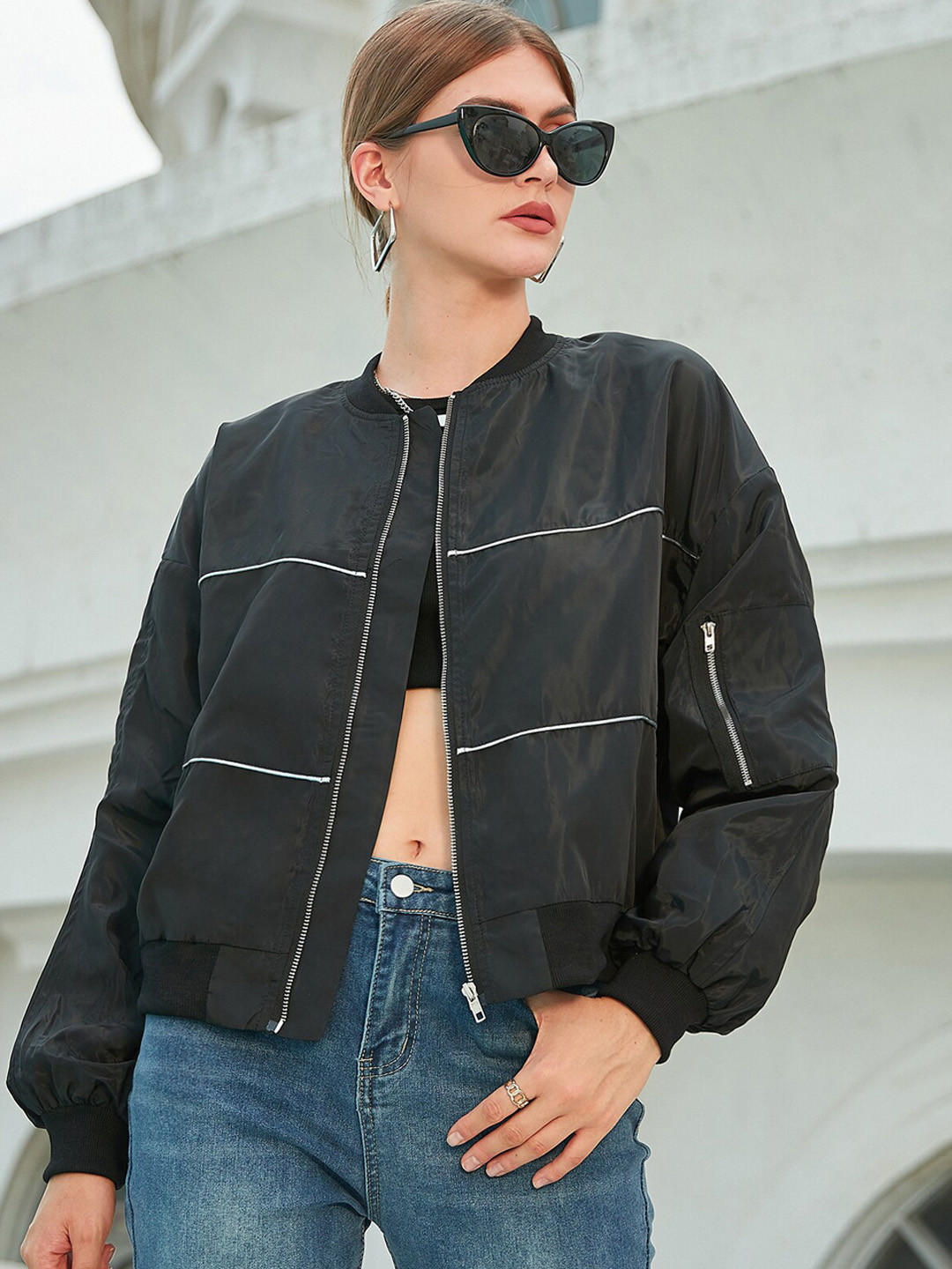 Buy URBANIC Women Black Geometric Bomber With Patchwork Jacket