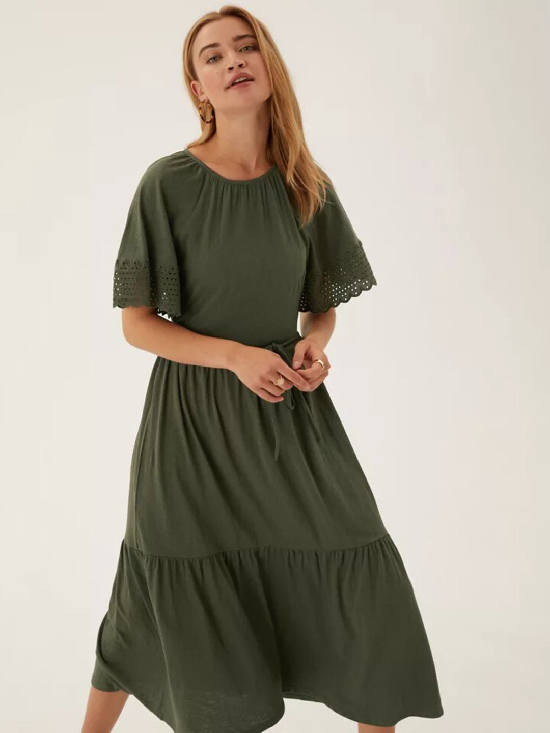 Buy Marks & Spencer Green Tie Up Waist Tiered Midi Dress Dresses for