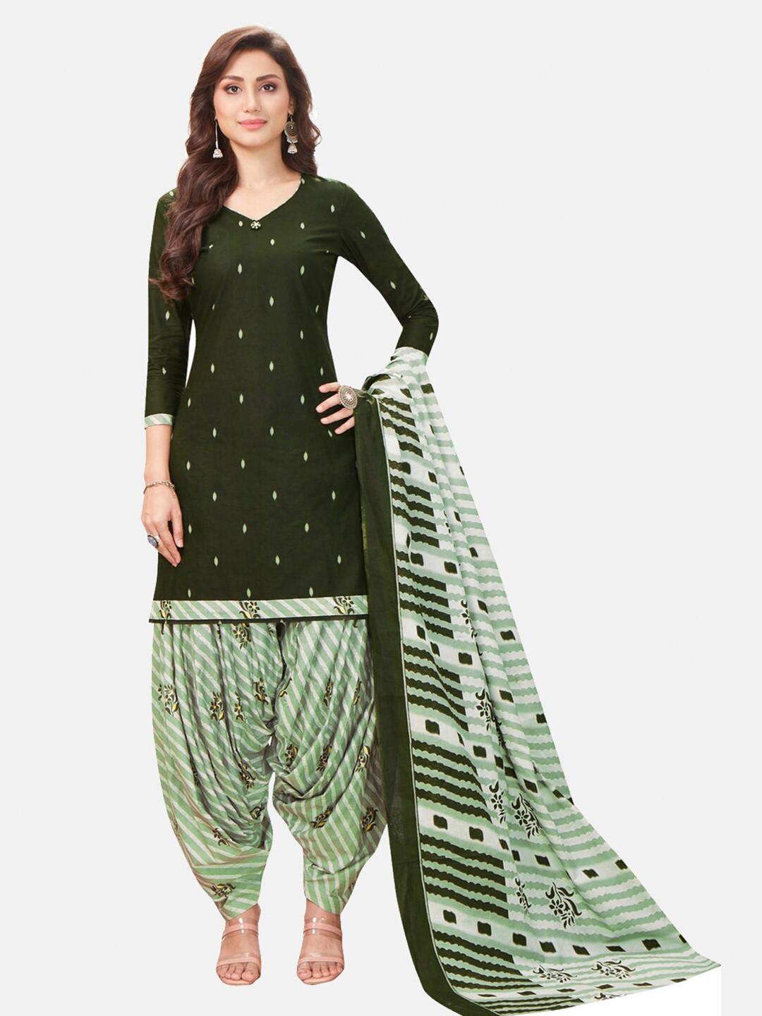 Buy SALWAR STUDIO Green & White Printed Pure Cotton Unstitched Dress