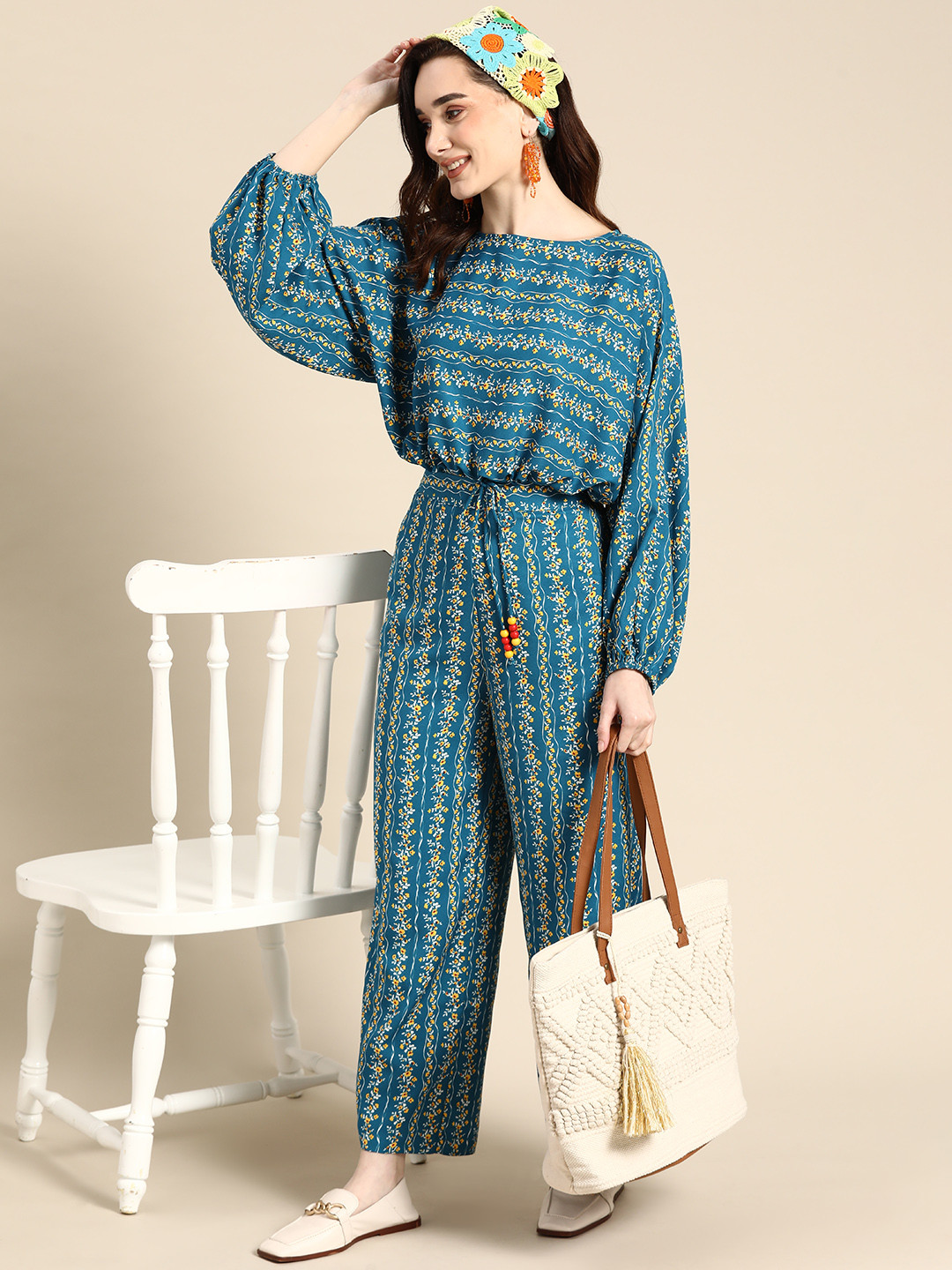 Buy Sangria Women Teal Blue & Yellow Ditsy Floral Printed Co Ords Set ...