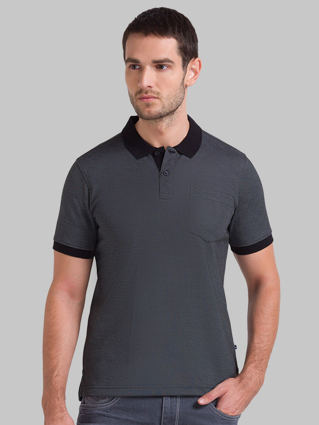 Buy Parx Men Grey & Black Cotton Polo Collar T Shirt - Tshirts for Men ...