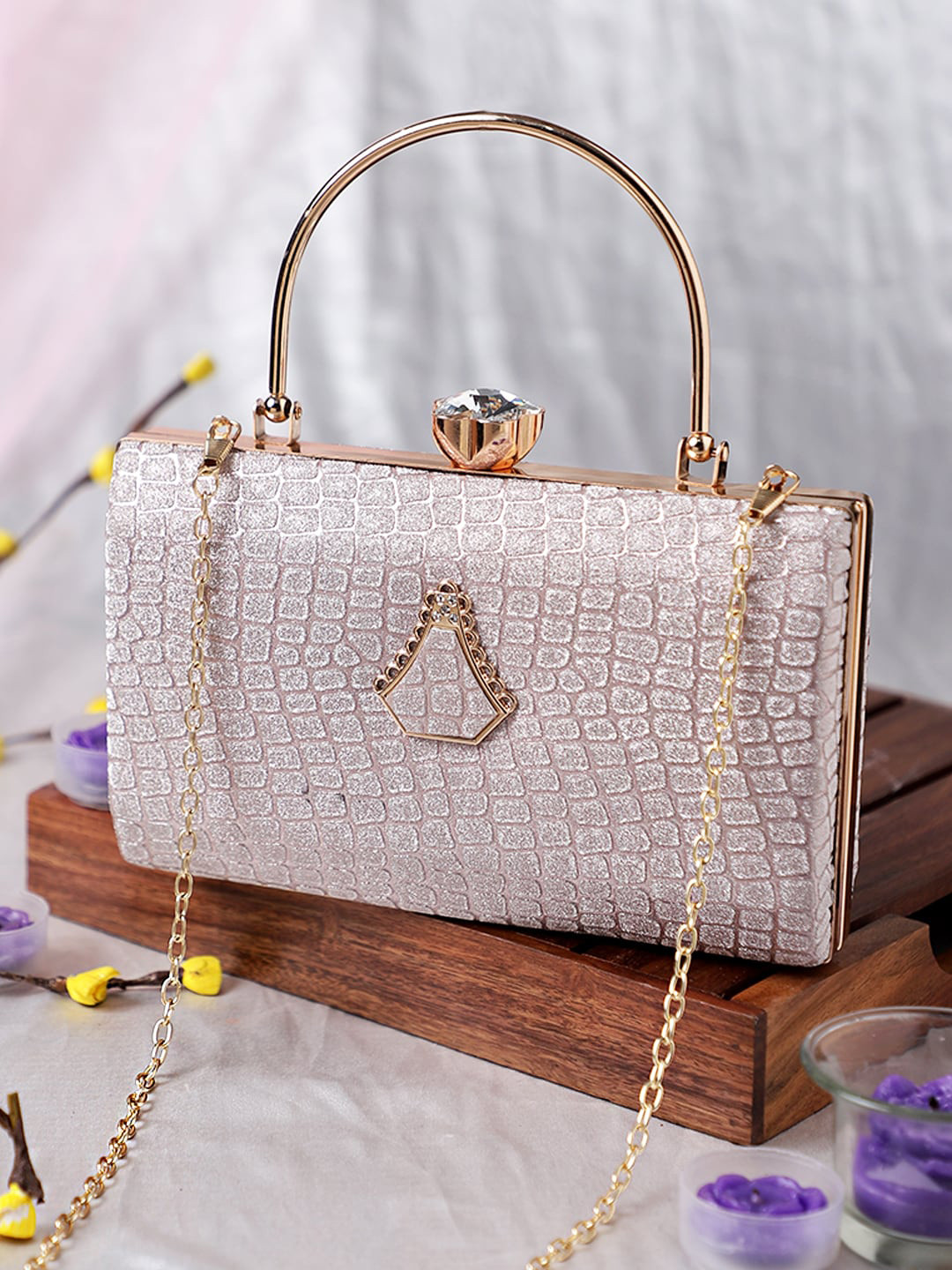 Buy Exotic Pink & Gold Toned Embellished Fringed Box Clutch Clutches