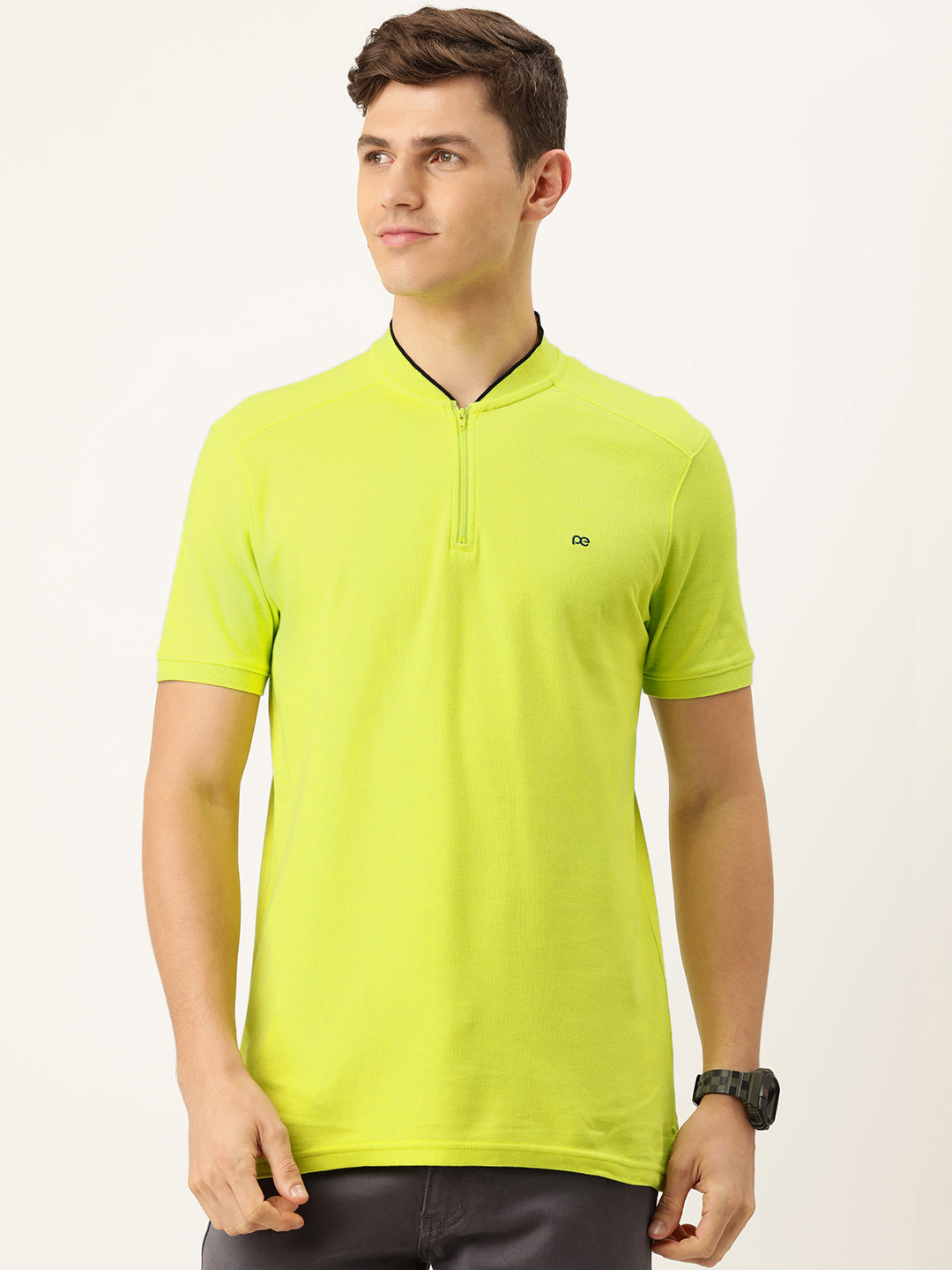 Buy Peter England Men Green Solid Mandarin Collar Pure Cotton Snug Fit