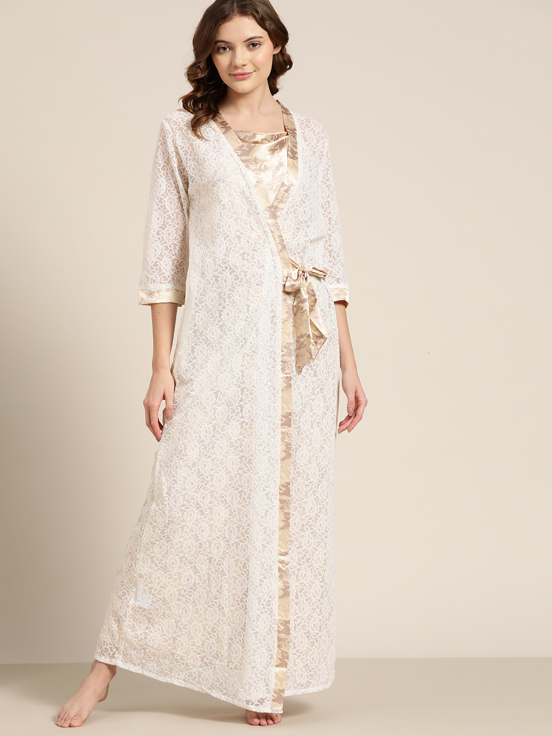 Buy Sweet Dreams Cream Coloured & Mauve Printed Maxi Nightdress With Robe Nightdress for Women