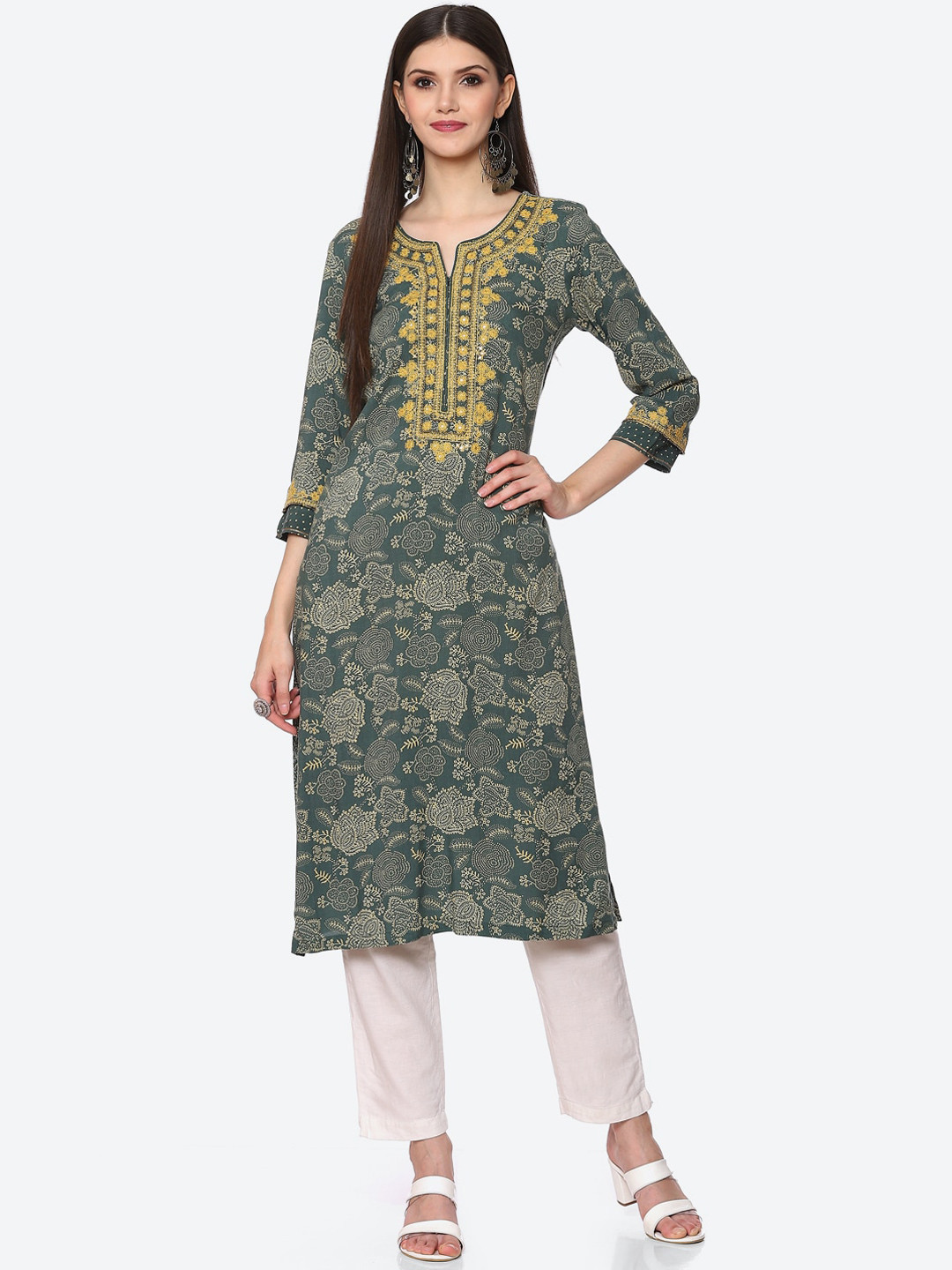 Buy Biba Women Green Floral Embroidered Thread Work Kurta Kurtas for