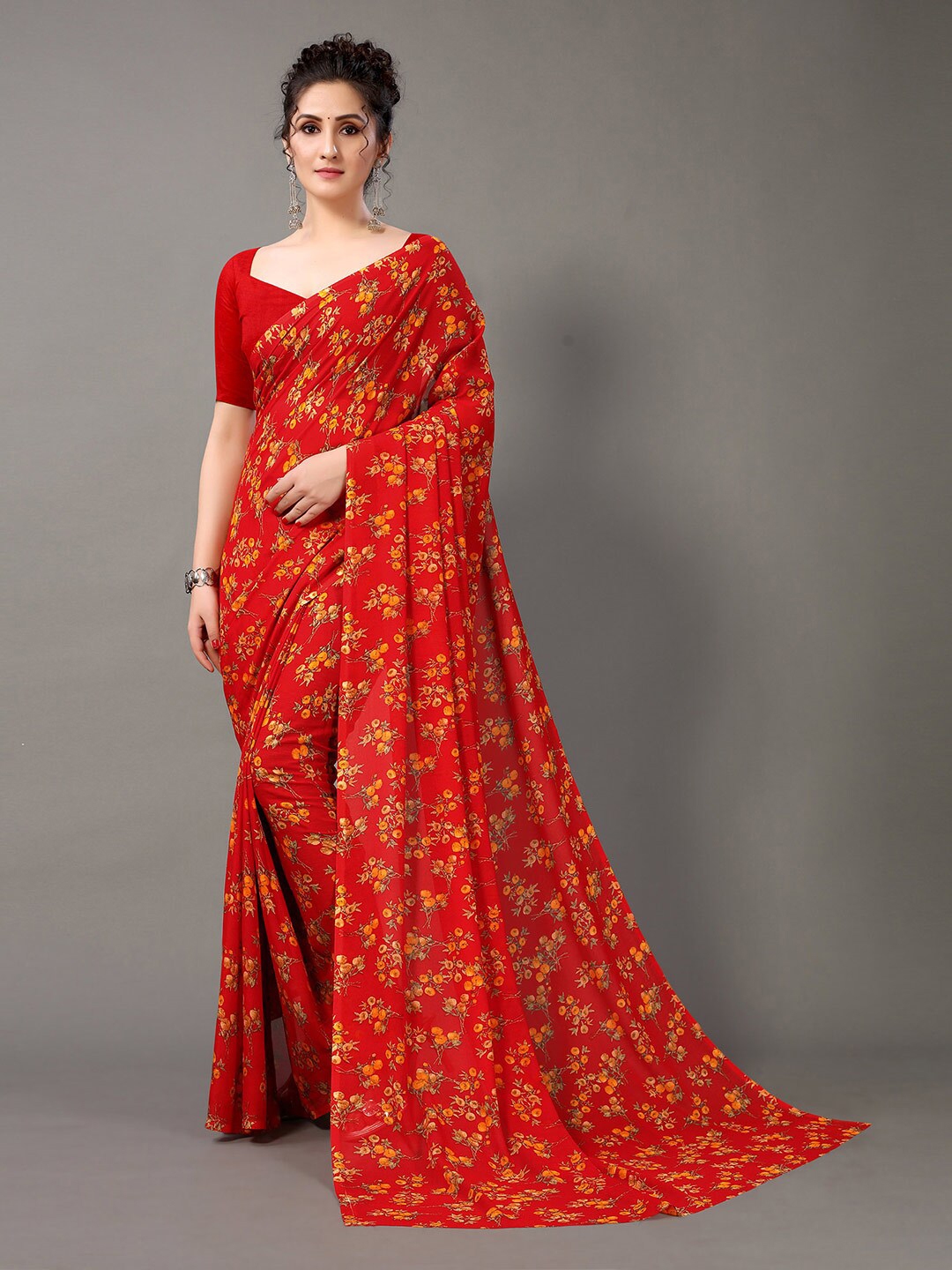 Buy Hritika Red And Orange Poly Georgette Floral Saree Sarees For Women 19115054 Myntra 7010