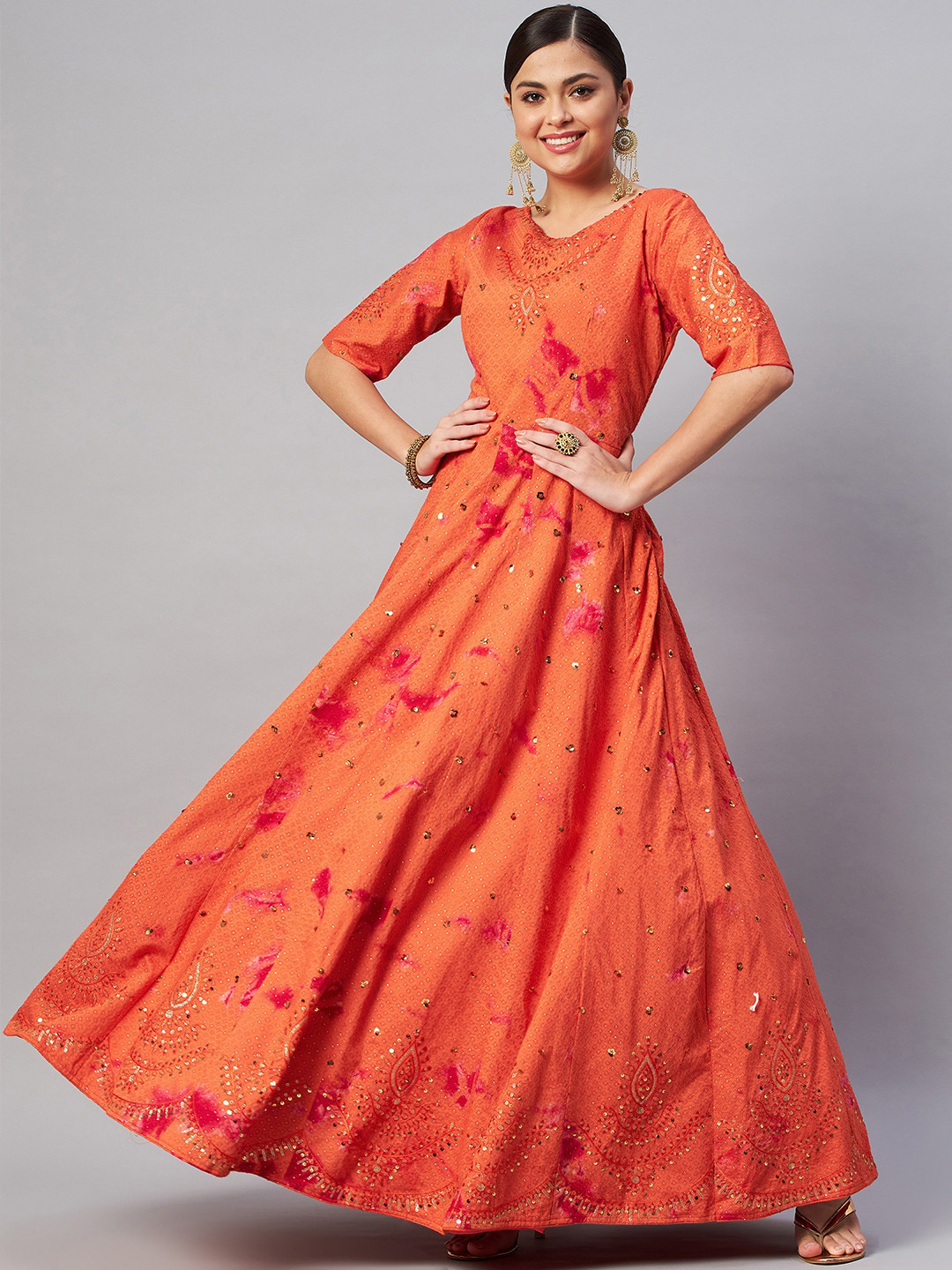 Buy SHUBHKALA Orange Embroidered Semi Stitched Dress Material Dress