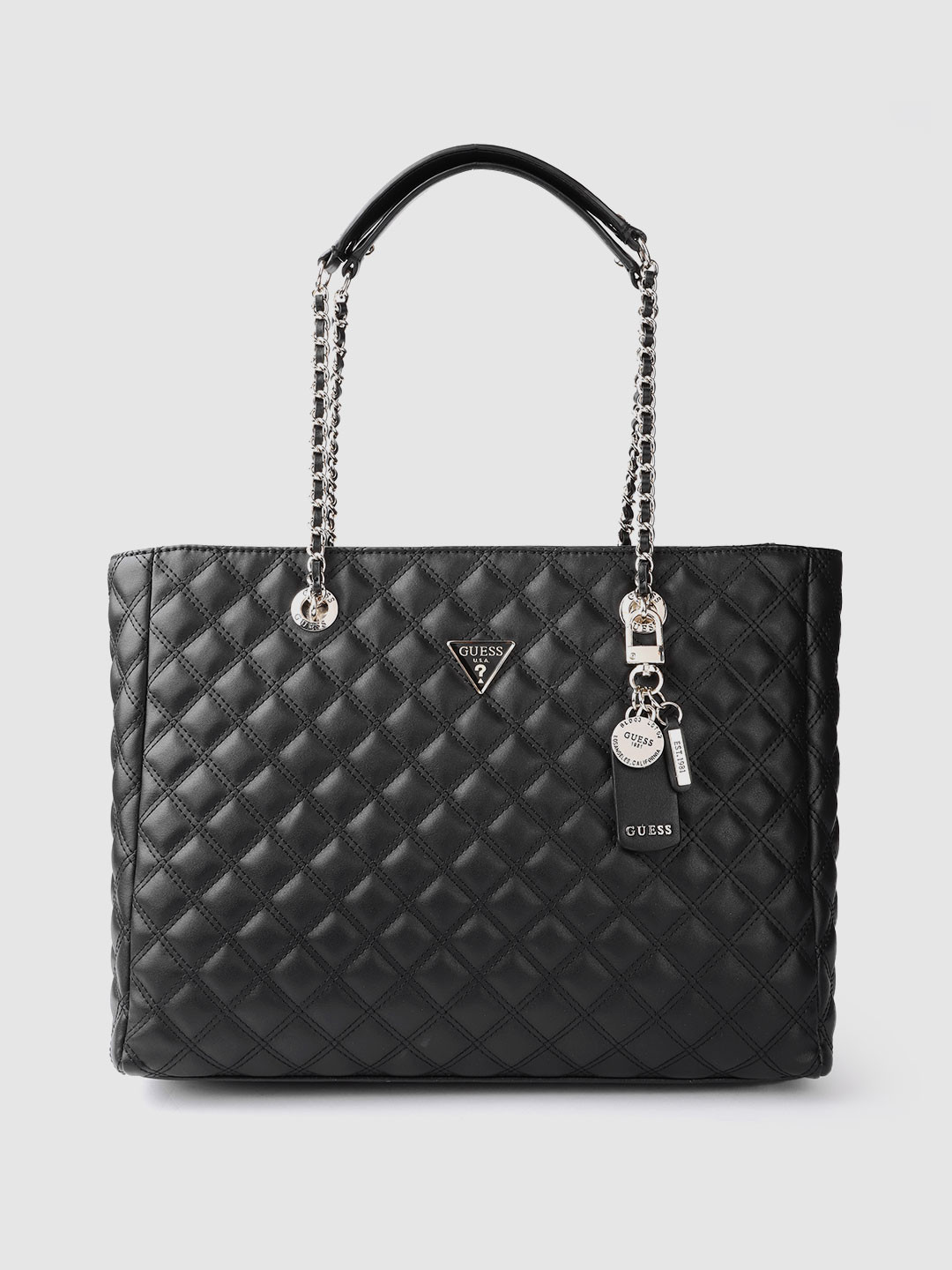 Buy GUESS Women Black Solid Quilted Structured Handheld Bag Handbags