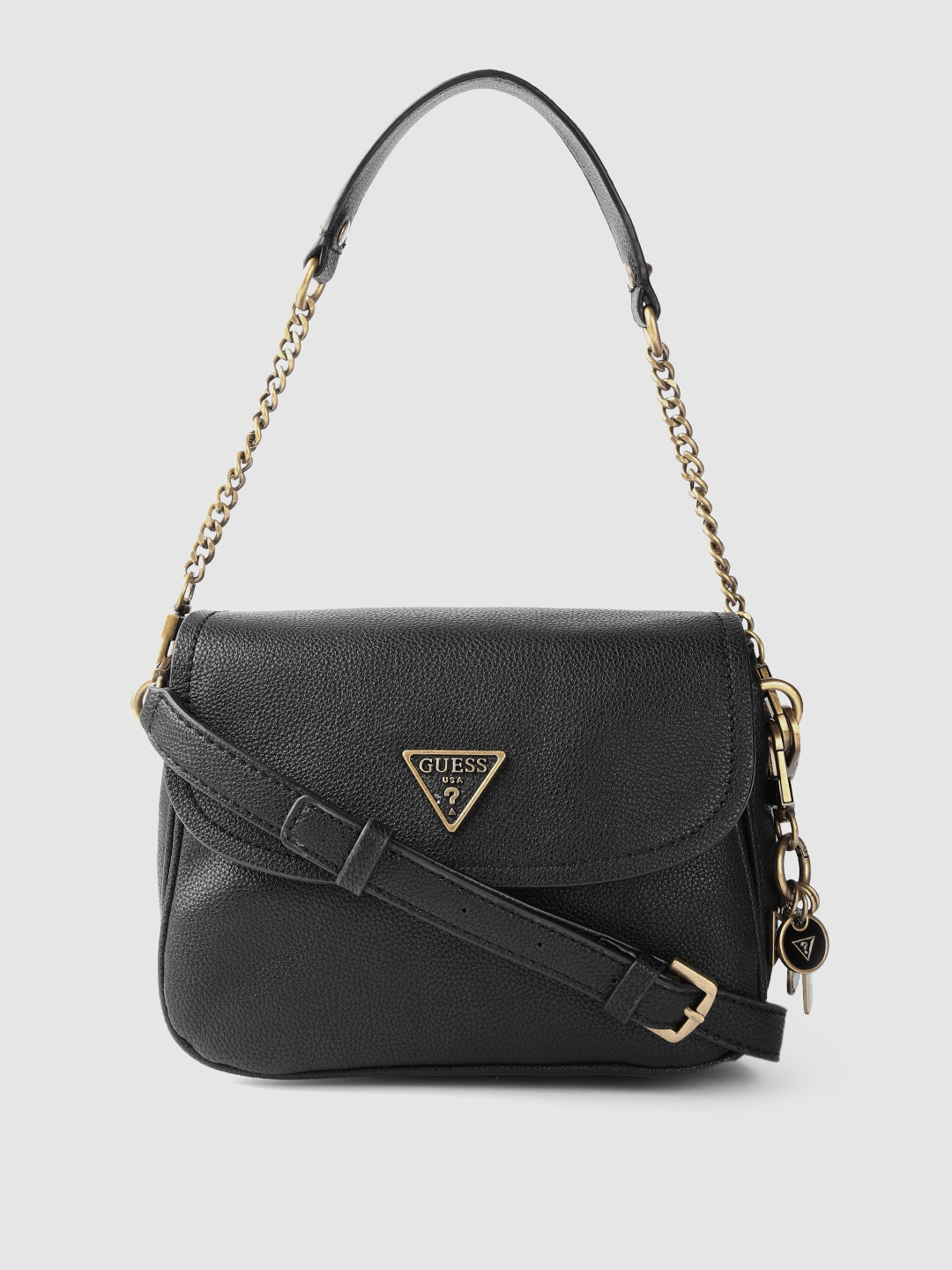 Buy GUESS Black Solid Structured Shoulder Bag With Detachable Sling ...