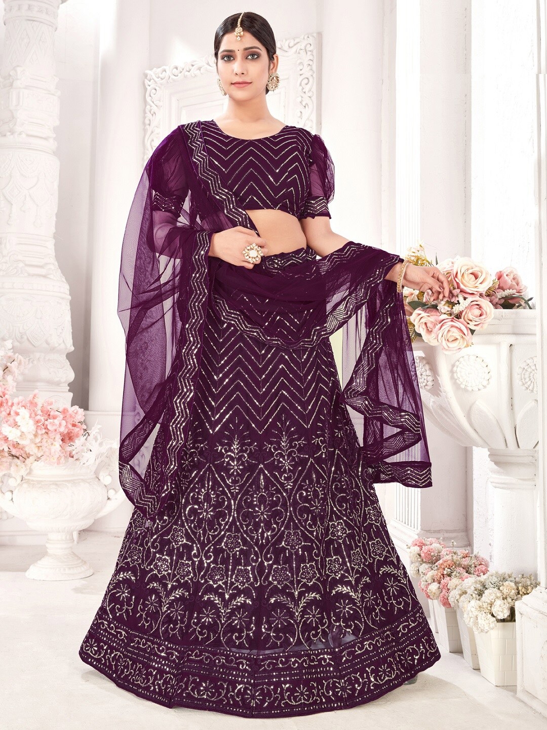 Buy Pandadi Saree Purple And Silver Toned Sequinned Semi Stitched Lehenga And Blouse With Dupatta