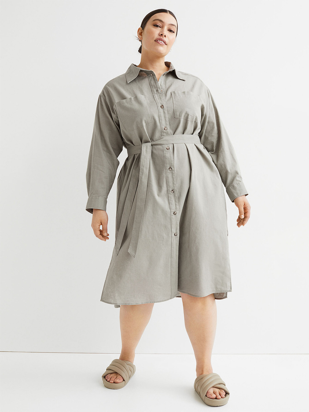 Buy H&M+ Green Linen Blend Shirt Dress Dresses for Women 19119312