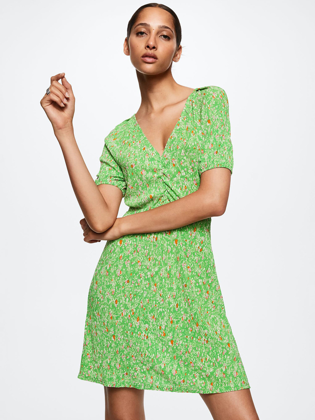 Buy MANGO Green & Orange Floral Printed Ruched Detail A Line Dress