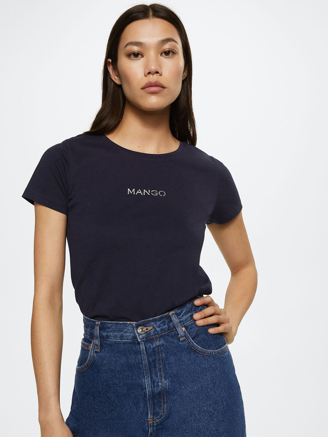 Buy MANGO Women Navy Blue Pure Cotton Brand Logo Detail T Shirt