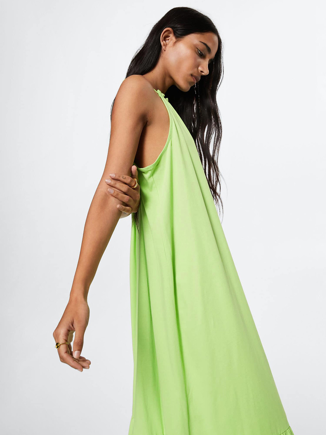 Buy MANGO Fluorescent Green Pure Cotton Solid Ruffle Detail Maxi Dress