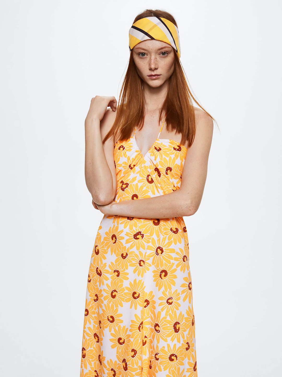 Buy MANGO Yellow & White Floral Print Halter Neck Maxi Dress - Dresses ...