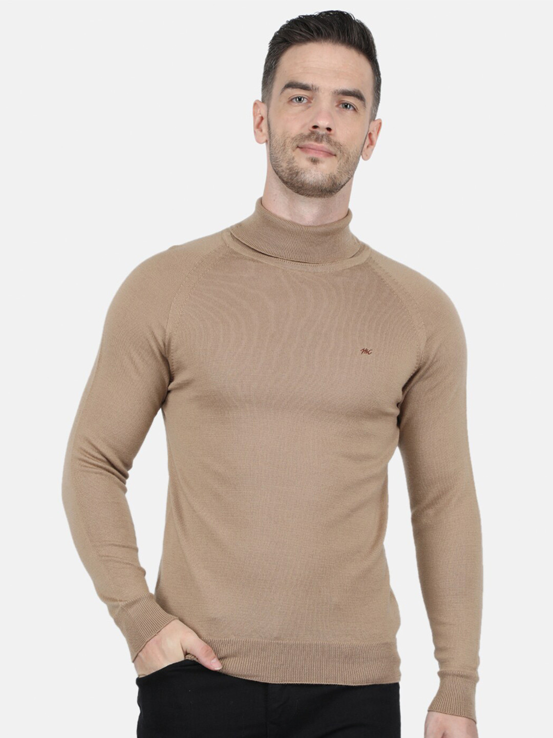Buy Monte Carlo Men Beige Solid High Neck Pullover Sweaters for Men
