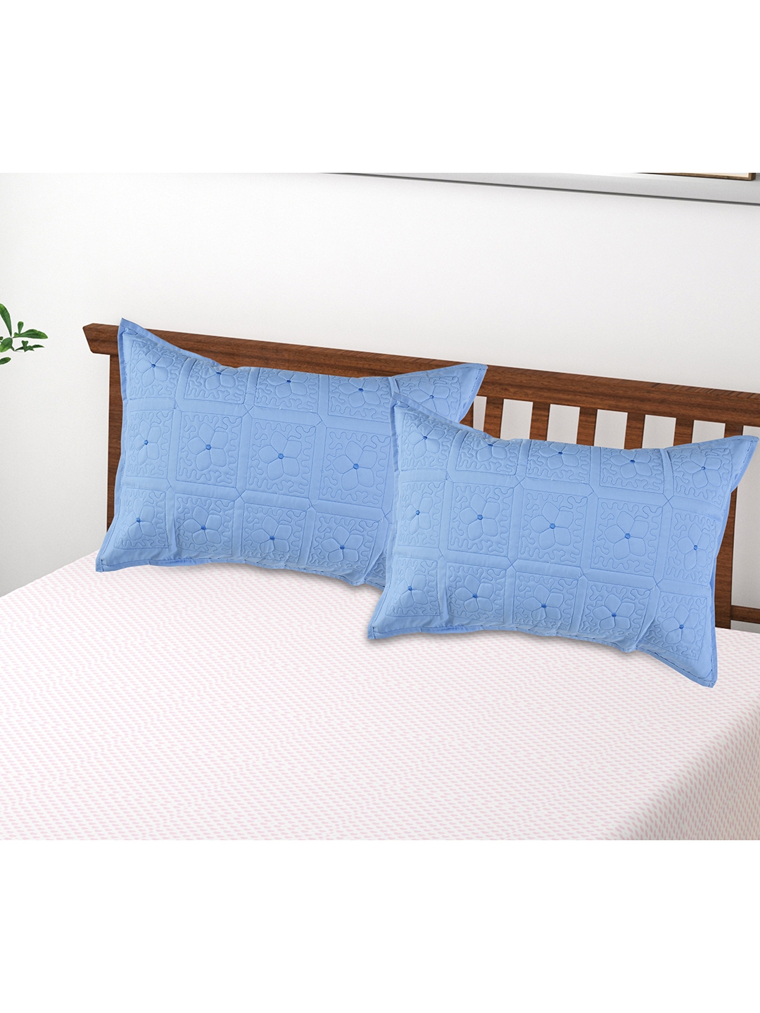 Buy Hammer Home Set Of 2 Cotton Blue Embroidered Pillow King Size