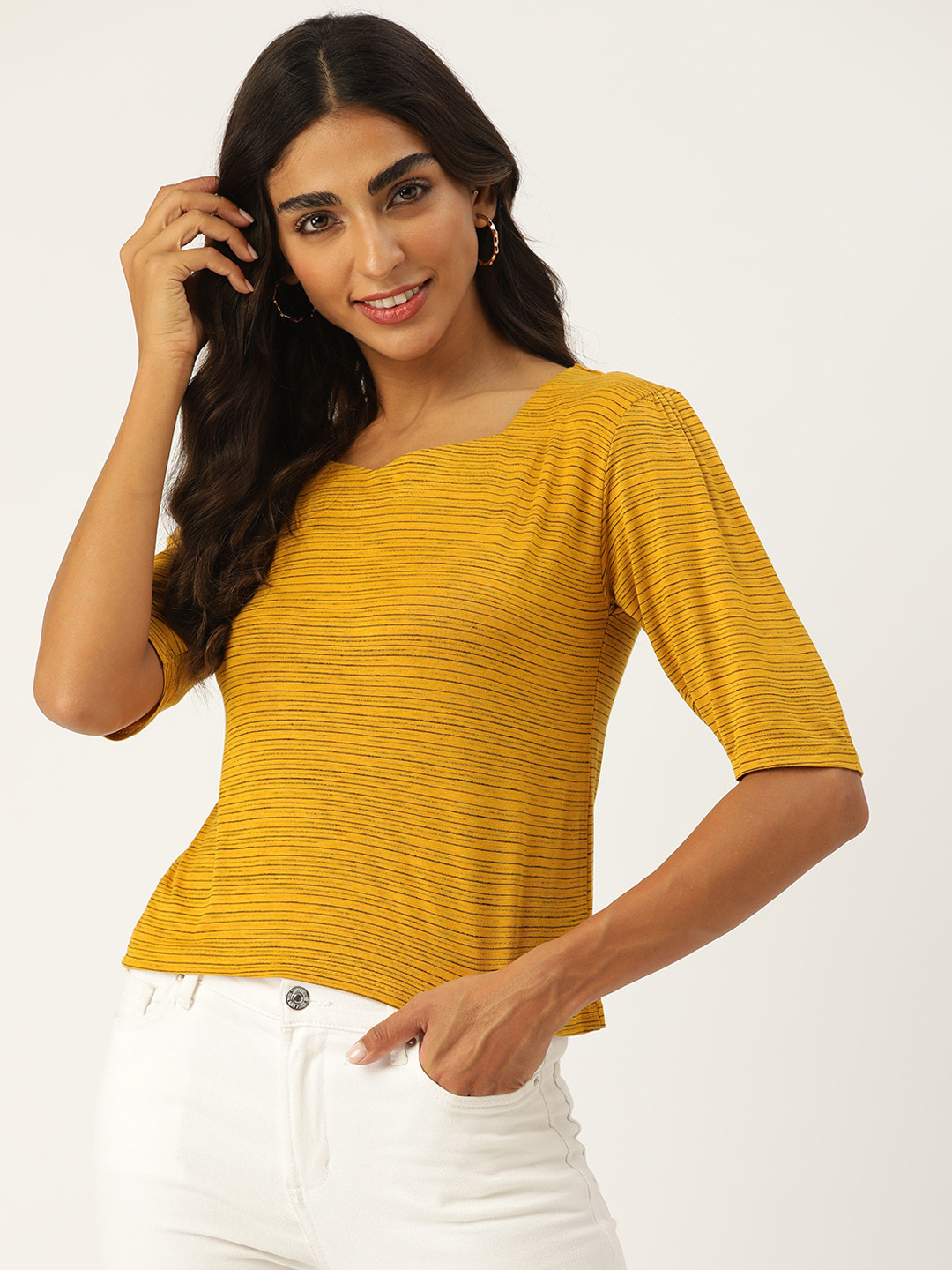 Buy BROOWL Women Mustard Yellow Striped Top Tops for Women 19126572
