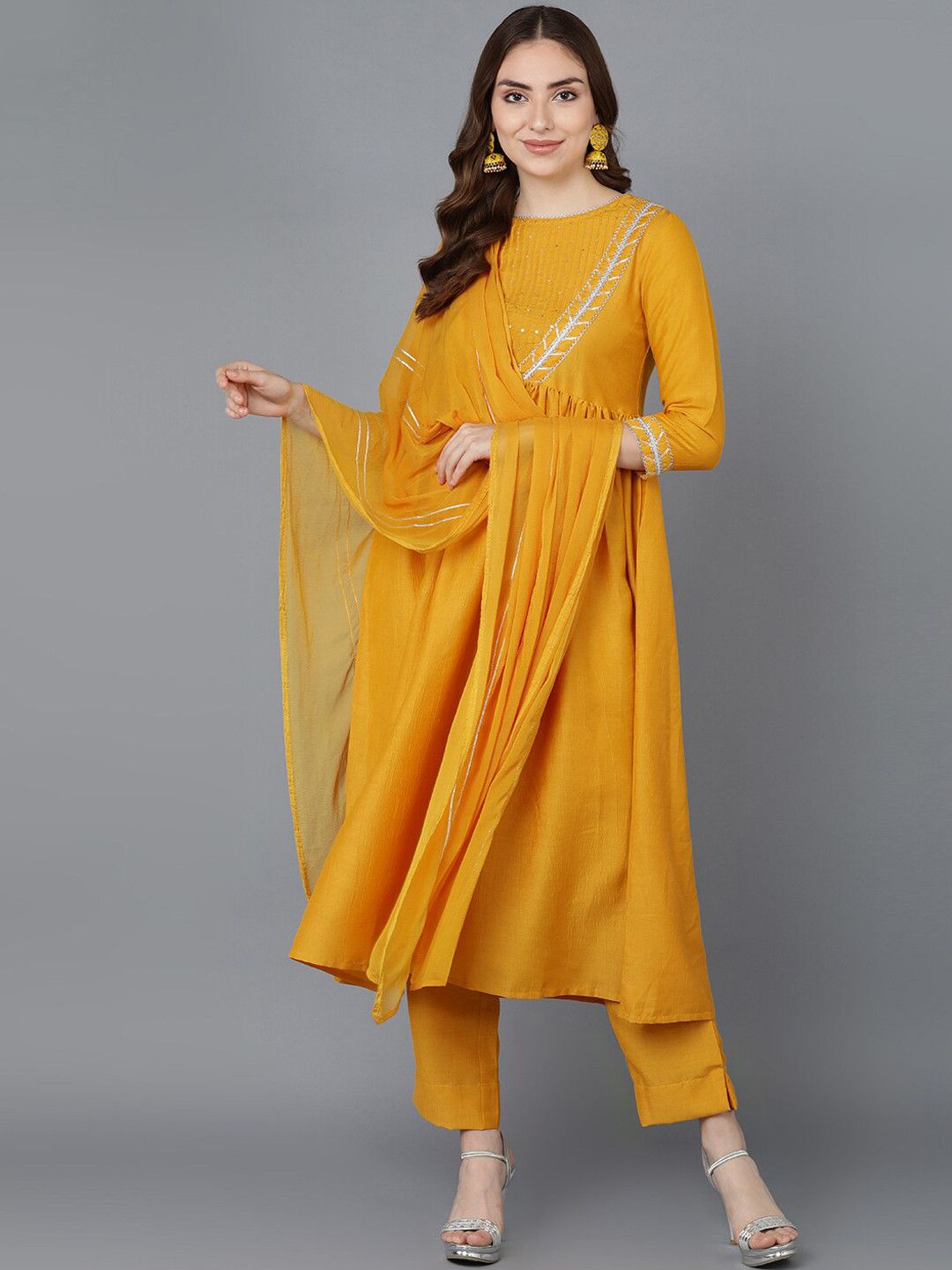 Inddus Mustard Yellow Solid Kurta with Trousers & Dupatta