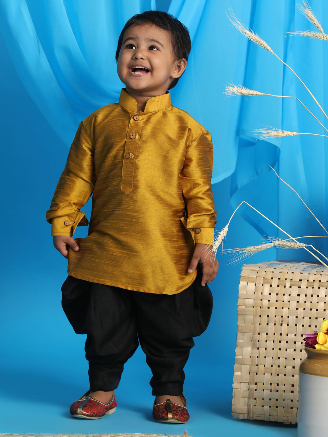 Boy Tiny Blooms Printed Kurta Pant Set- Mustard