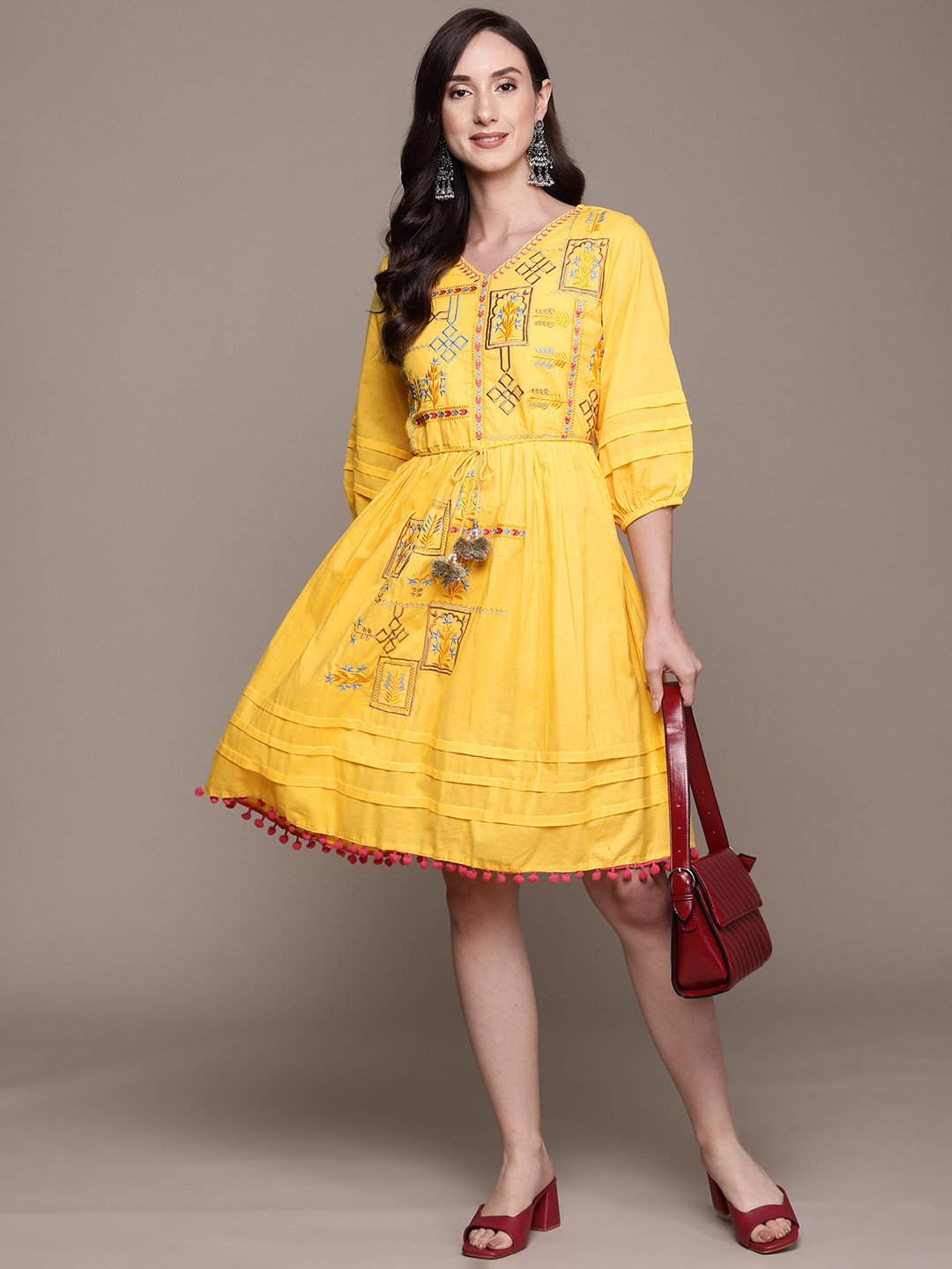 Indo Era Yellow Floral Embroidered A-line Dress