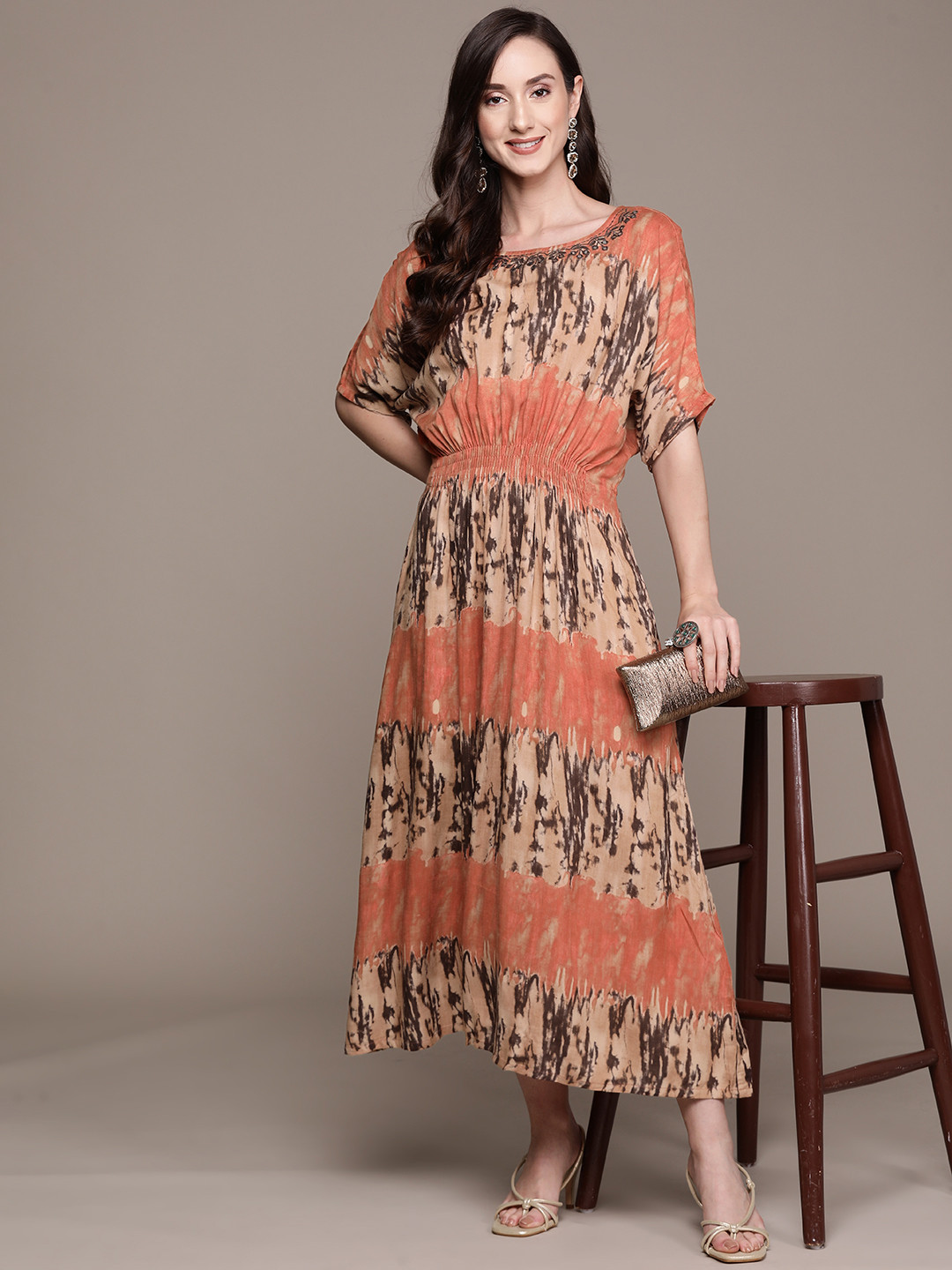 Buy Ishin Orange & Beige Empire Maxi Dress Dresses for Women 19133548