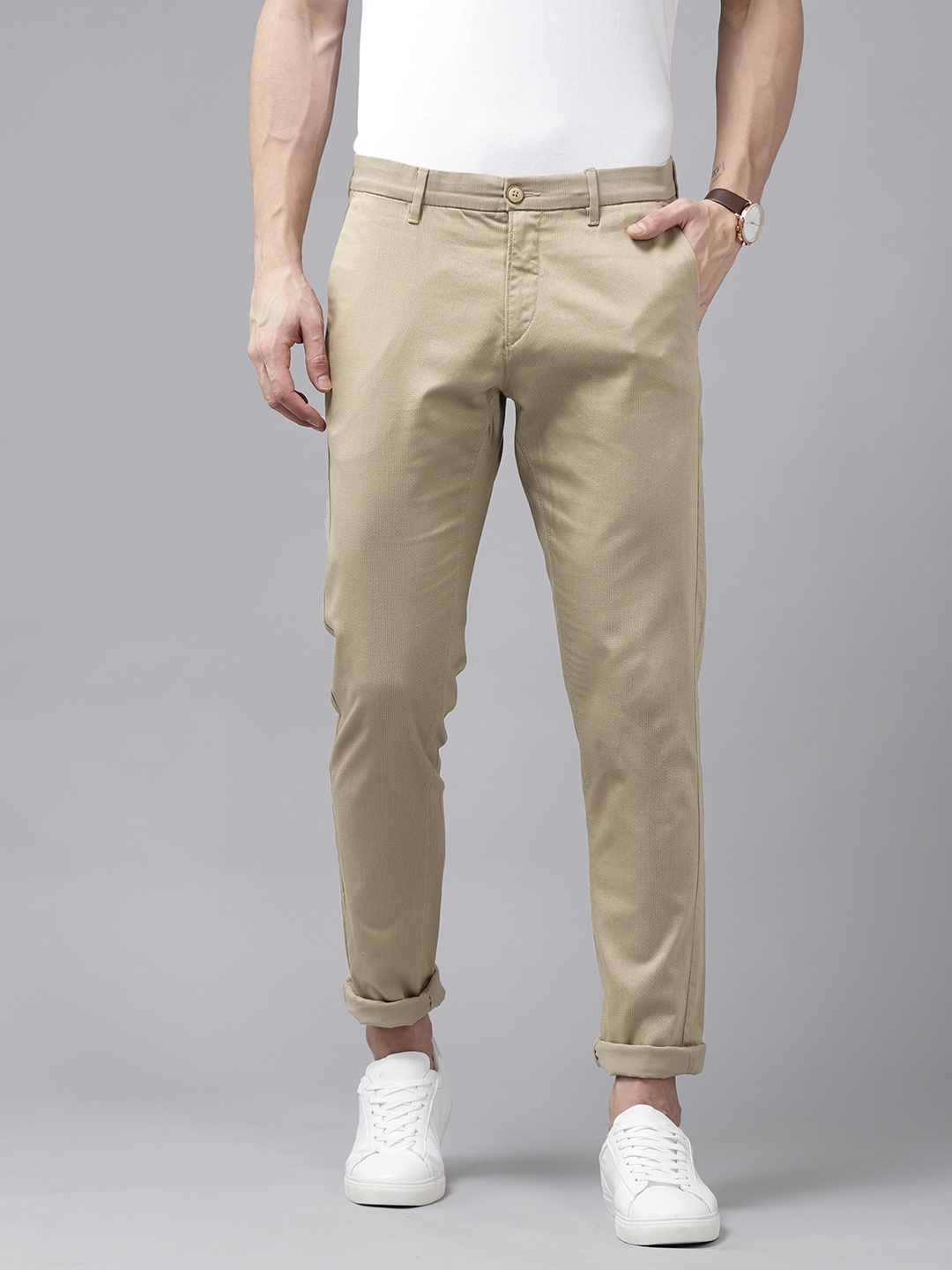 Buy U S Polo Assn Men Khaki Slim Fit Self Design Trousers - Trousers ...