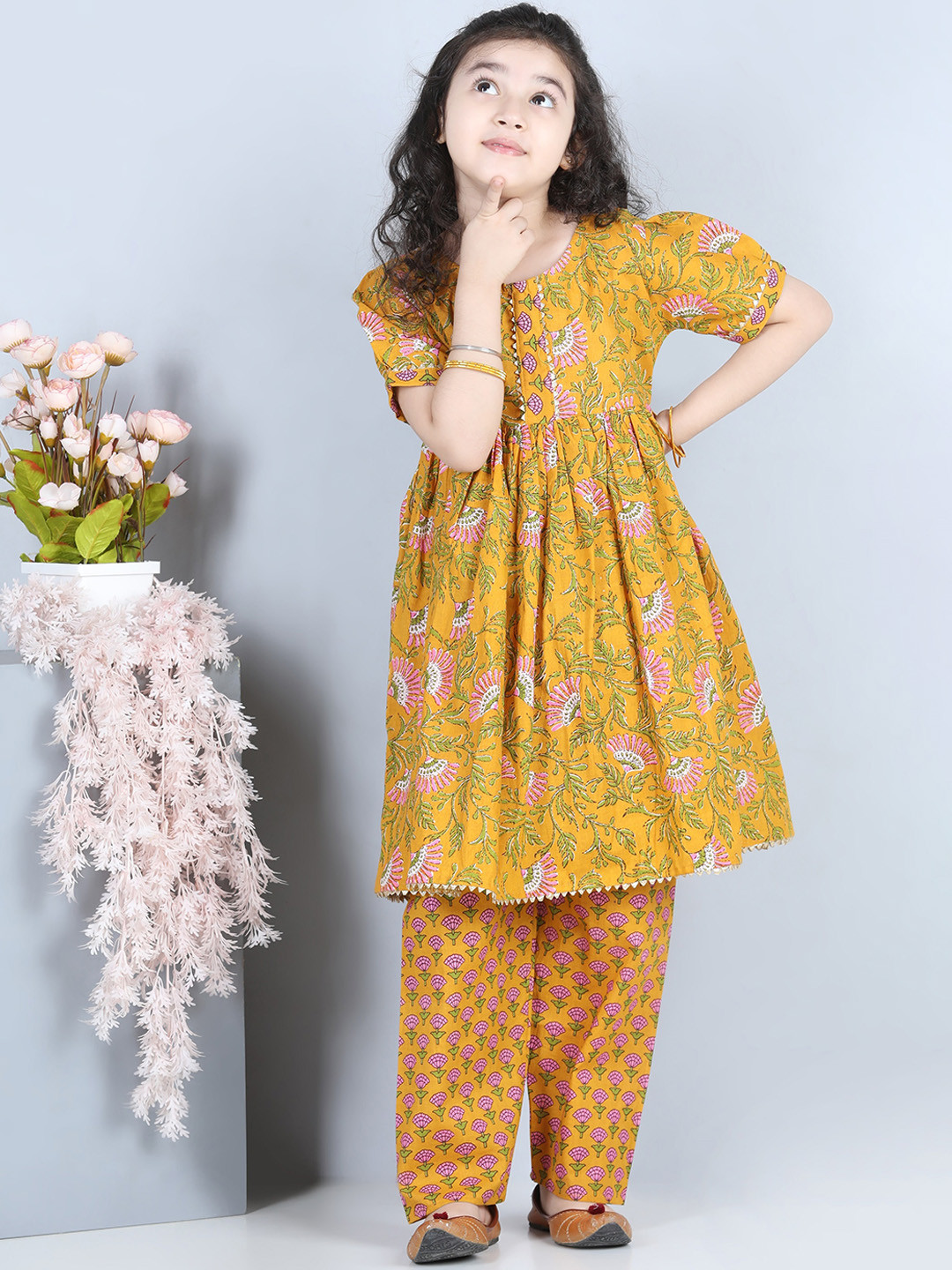 Girls Mustard Yellow & Pink Embroidered Kurti With Palazzos