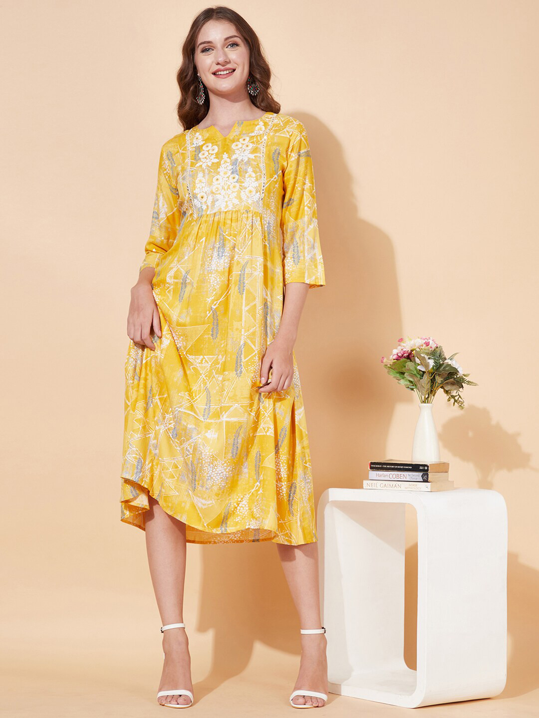 Buy FASHOR Yellow Floral A Line Midi Dress Ethnic Dresses for Women