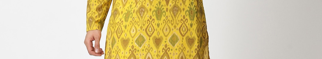 Buy Saffron Threads Men Yellow Ikat Printed Kurta - Kurtas for Men ...