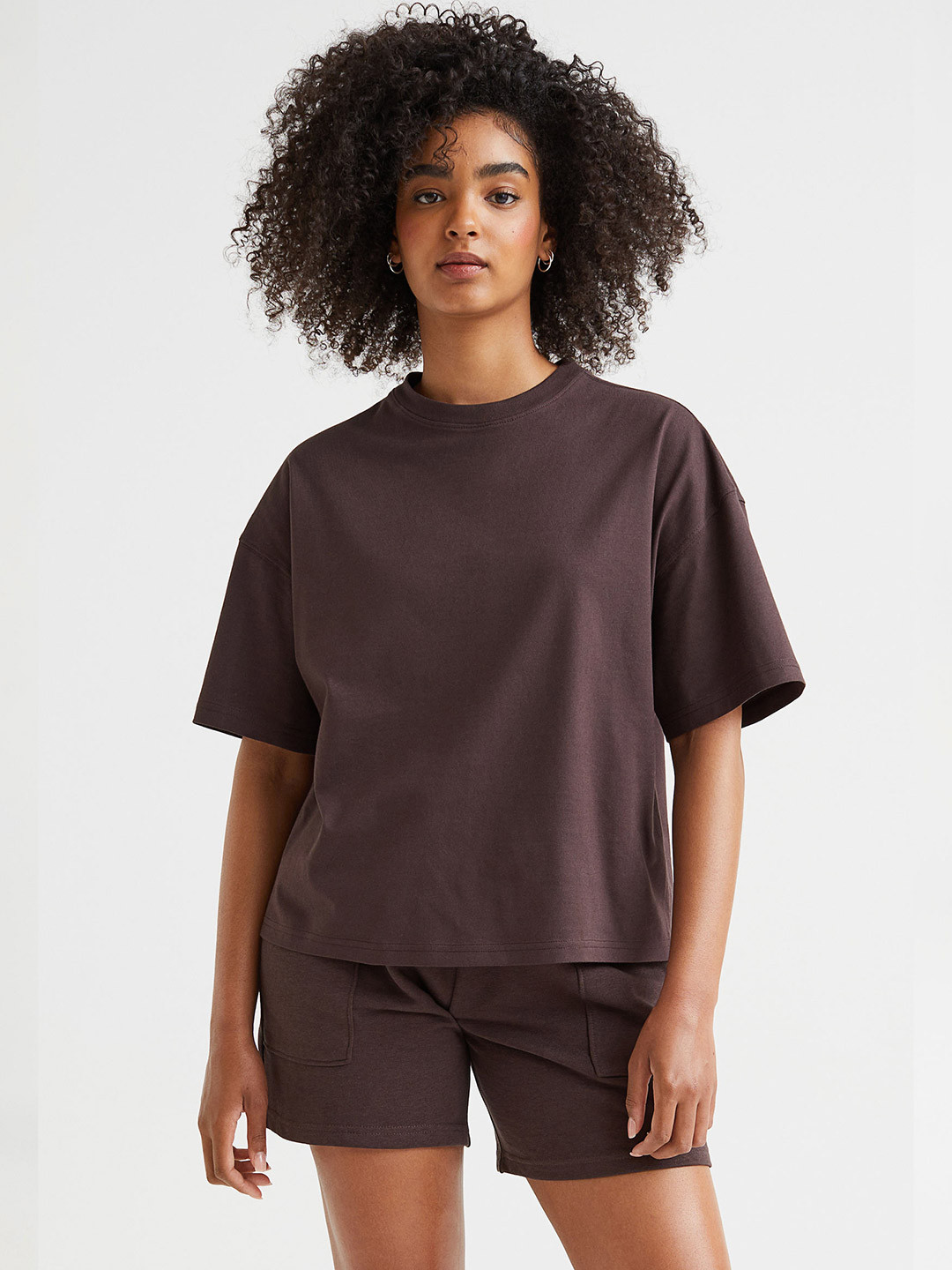 Buy H&M Women Brown Drop Shoulder Sleeves Pure Cotton Loose T Shirt