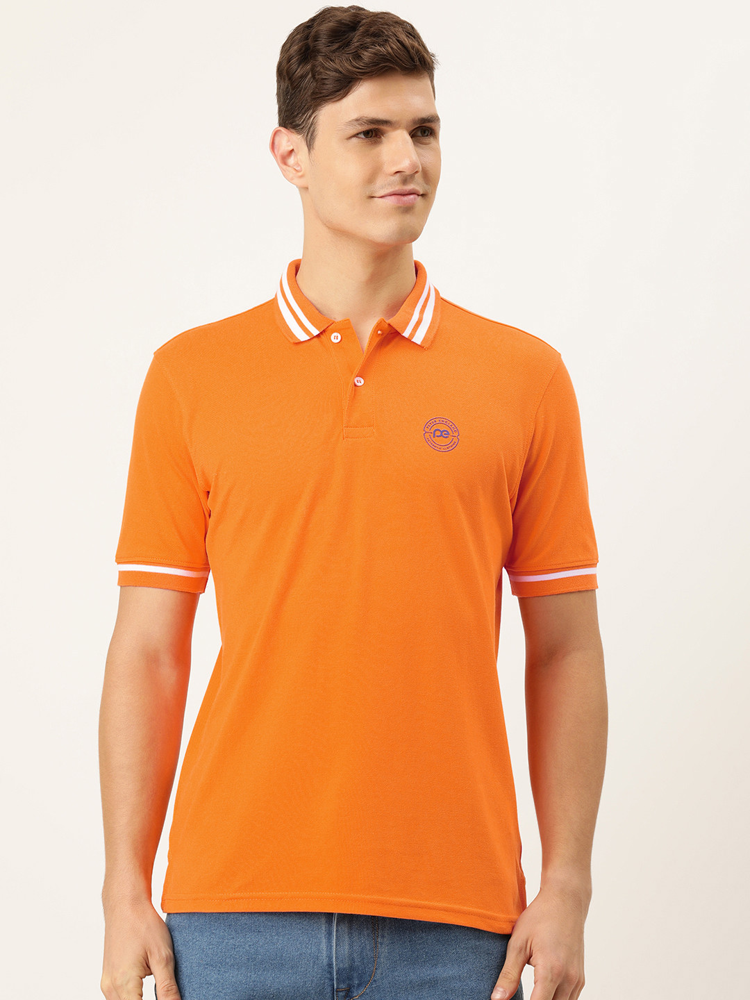 Buy Peter England Men Orange Solid Polo Collar Regular Sleeves Regular