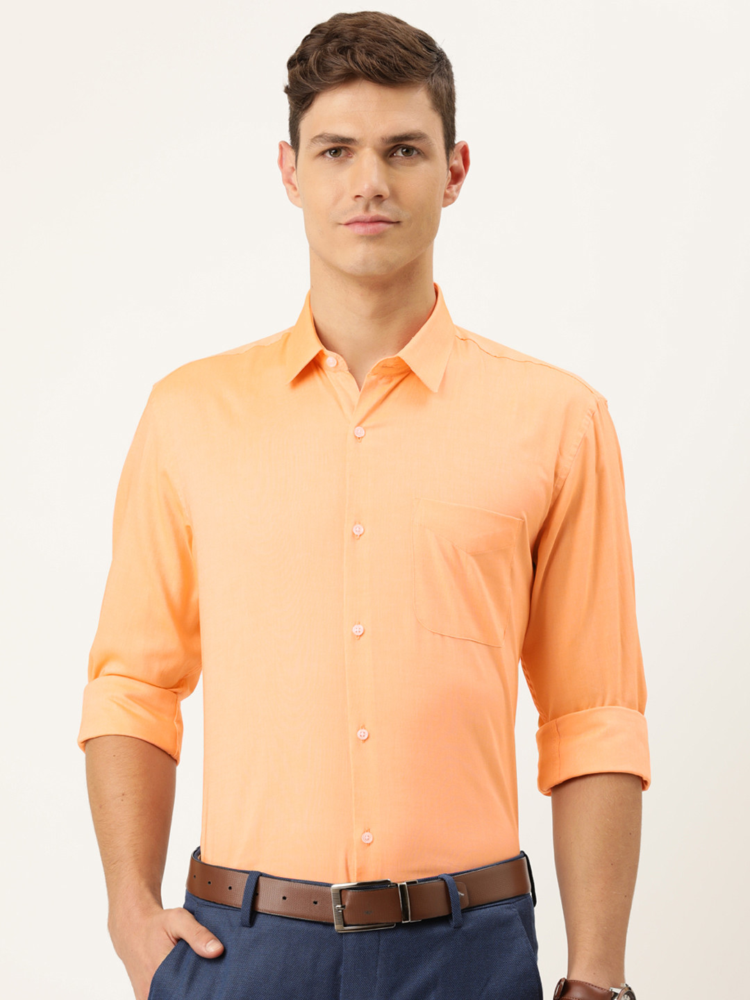 Buy Peter England Men Orange Nuvo Slim Fit Pure Cotton Semiformal Shirt