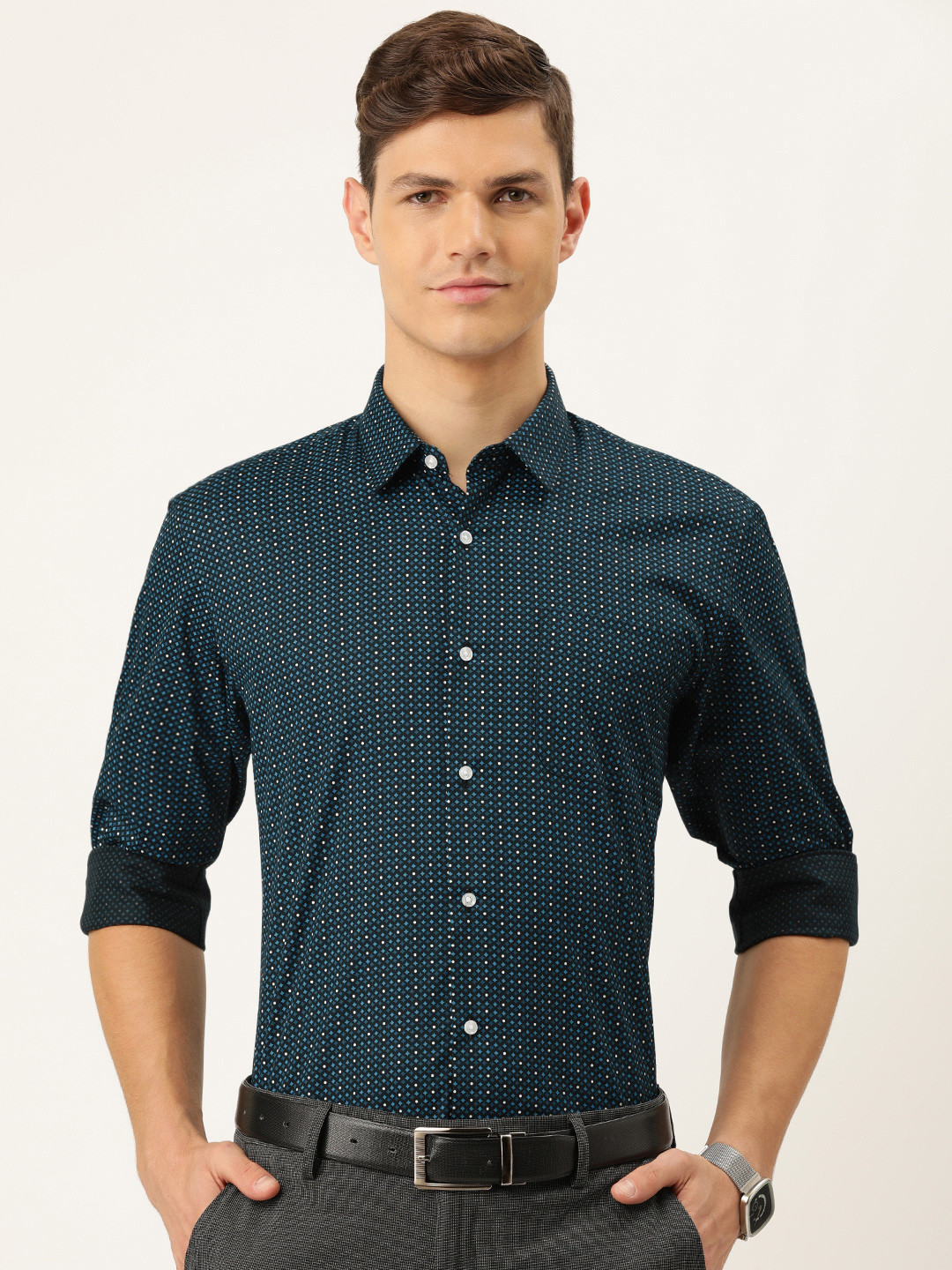 Buy Peter England Men Teal Blue & White Nuvo Fit Printed Pure Cotton