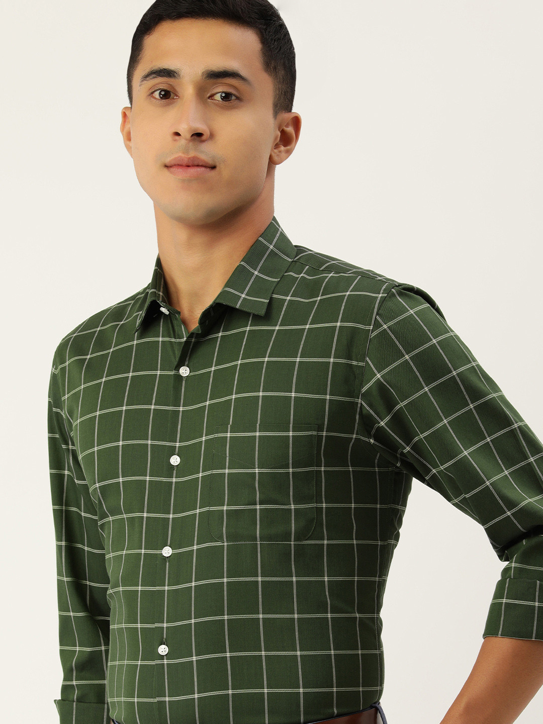 Buy Peter England Men Green& White Grid Tattersall Checks Slim Fit