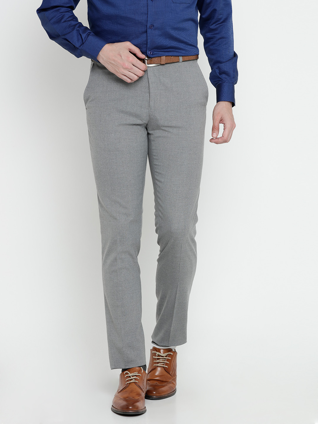 Buy Raymond Men Grey Slim Fit Solid Formal Trousers - Trousers for Men ...