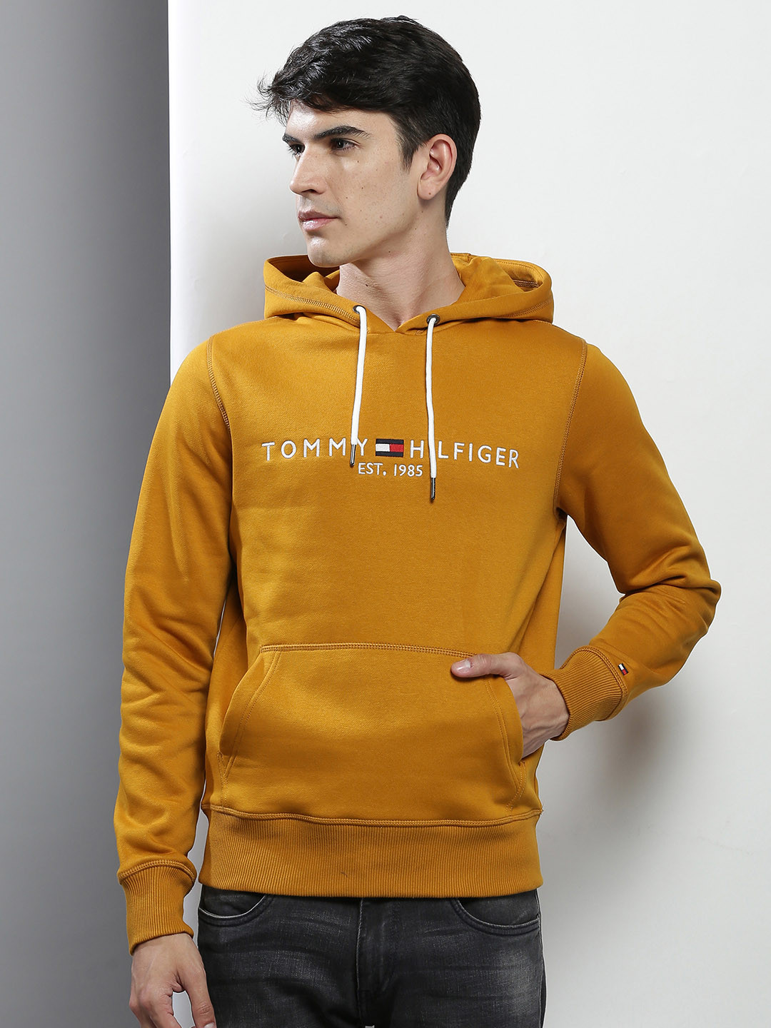 Buy Tommy Hilfiger Men Mustard Yellow Brand Logo Embroidered Hooded